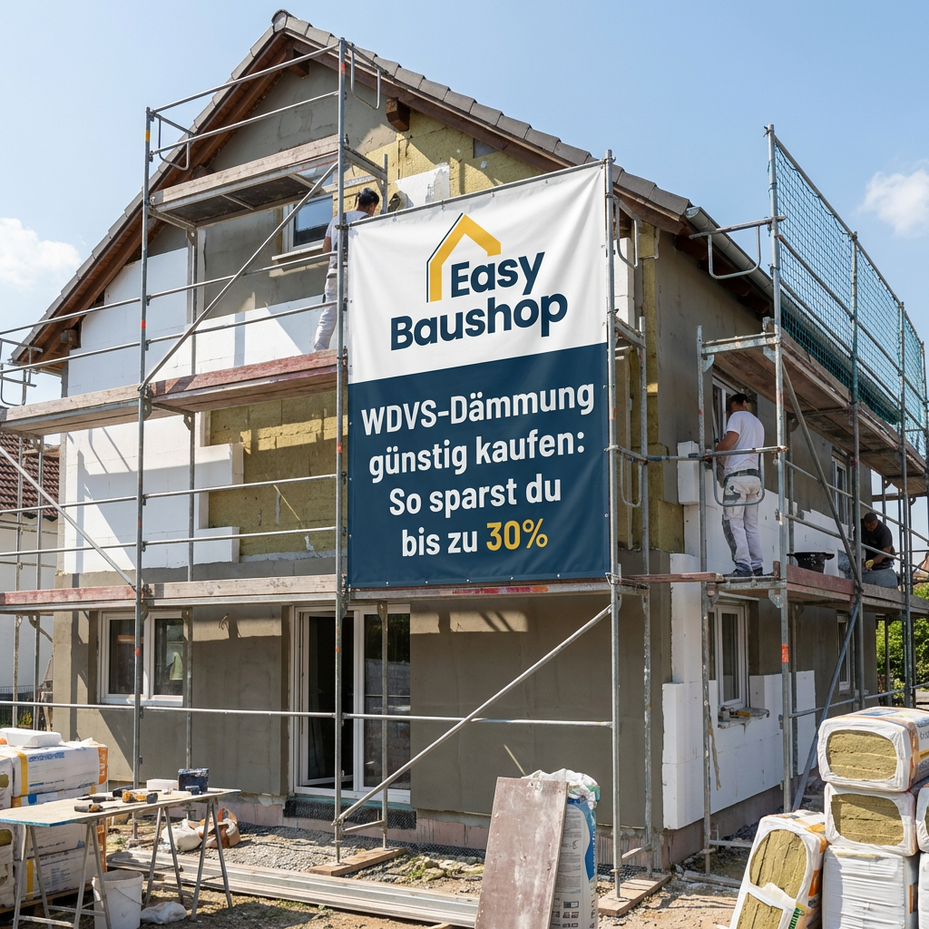 Hausfassade wird mit WDVS gedämmt, Baugerüst, Handwerker, Banner mit Sparhinweis