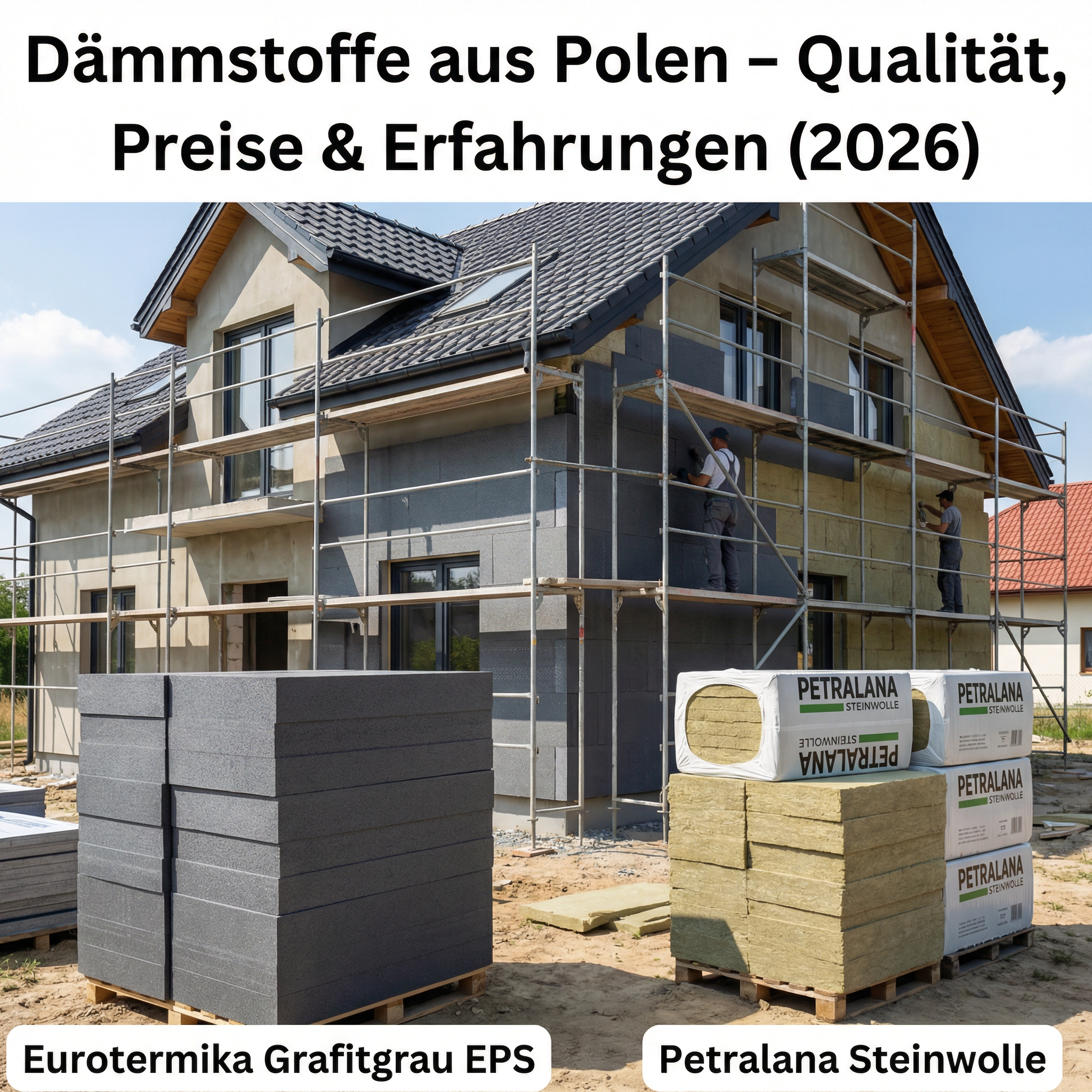 Hausbau mit EPS Dämmplatten und Steinwolle Dämmstoffe, Arbeiter installieren Fassade, Dämmmaterialien aus Polen